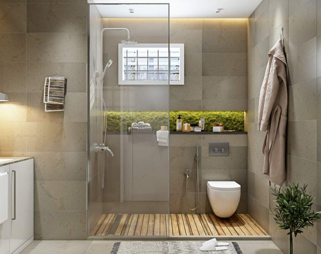 Modern bathroom designed with neutral shades and sleek interiors