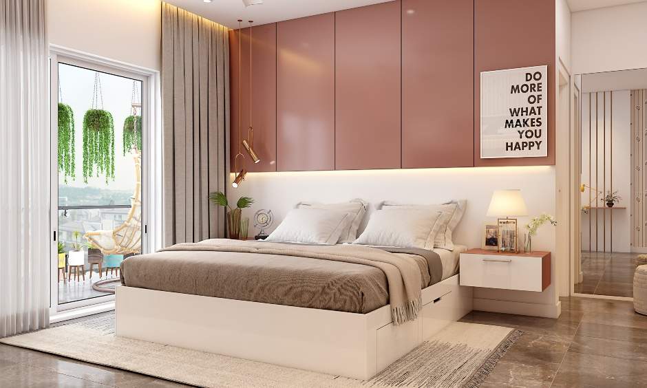 A modern bedroom design features a bed with a side table on either side