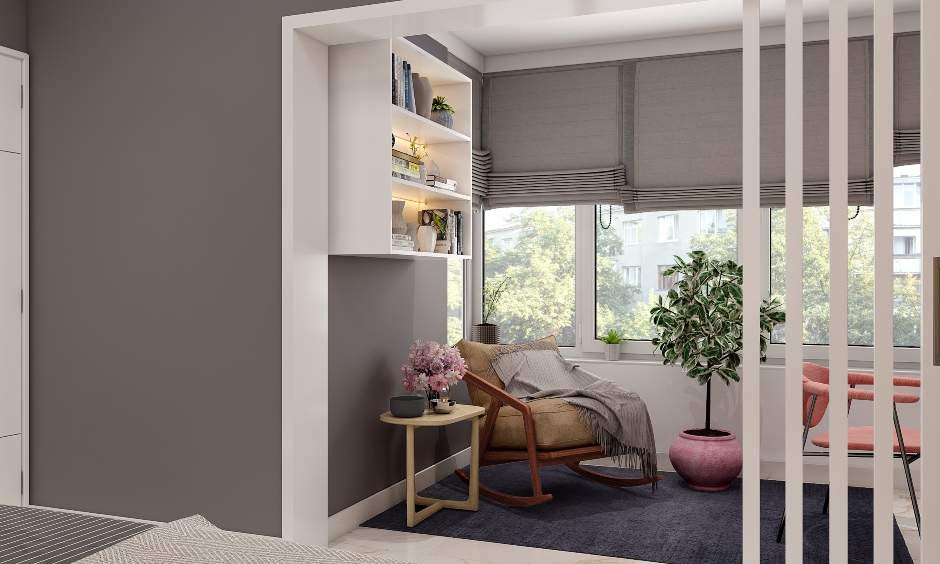 Modern bedroom study area features wall-mounted white bookshelf