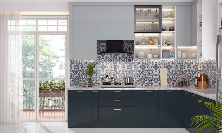 Modern kitchen design with white countertop and balcony