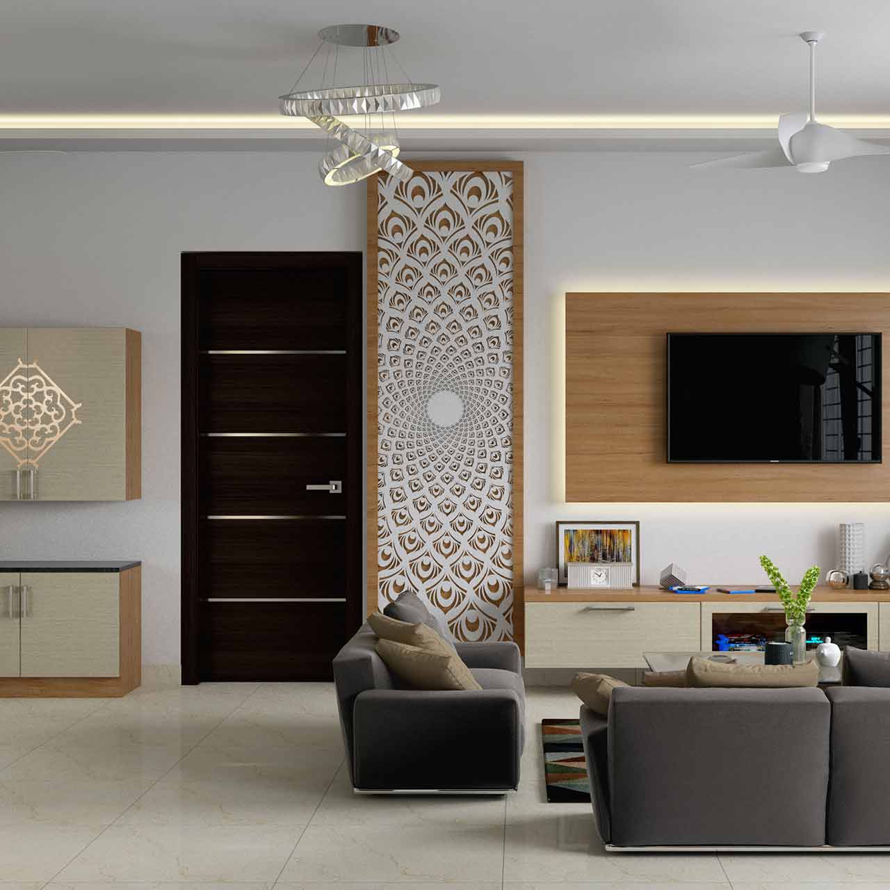 Modern style living room interior design with a metallic light fixtures and a pair of bright accent pillows will glam up your living room