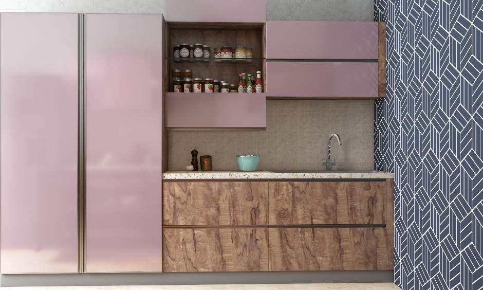 Modern straight modular kitchen design with storage shelf for kitchen essentials