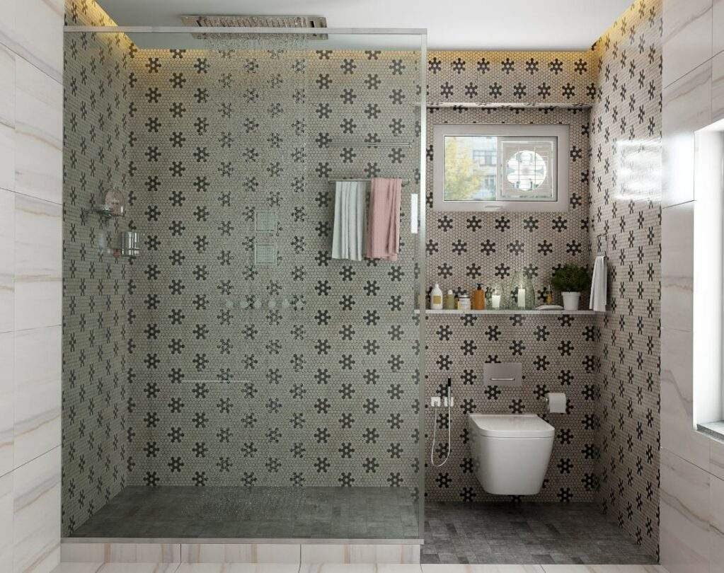 Modern styled bathroom design with patterned tiled walls