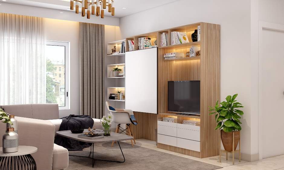 A modern tv cum study unit in dual tone finish giving a unique and stylish look to the living room