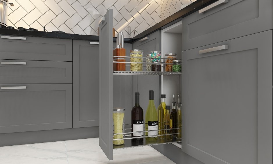 L shaped modular kitchen design with oil pull-outs provides ample storage