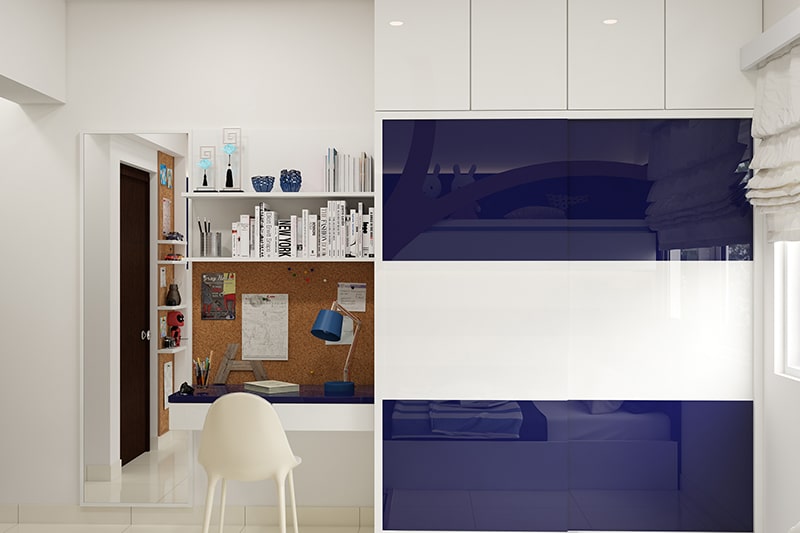 Modular wardrobes designs with glass or mirror finishes, layering and blending of materials makes beautiful bedroom