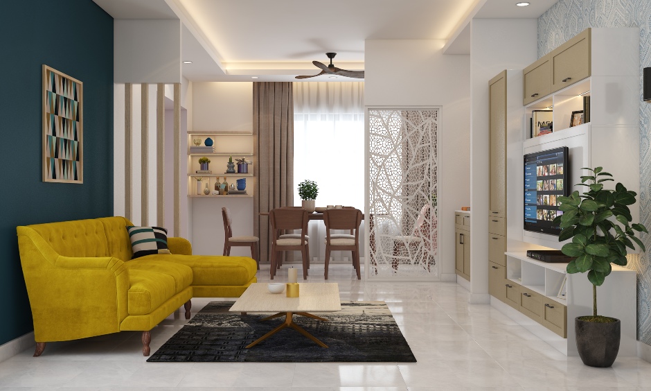 An open living room with a partition design creates a cosy dining area