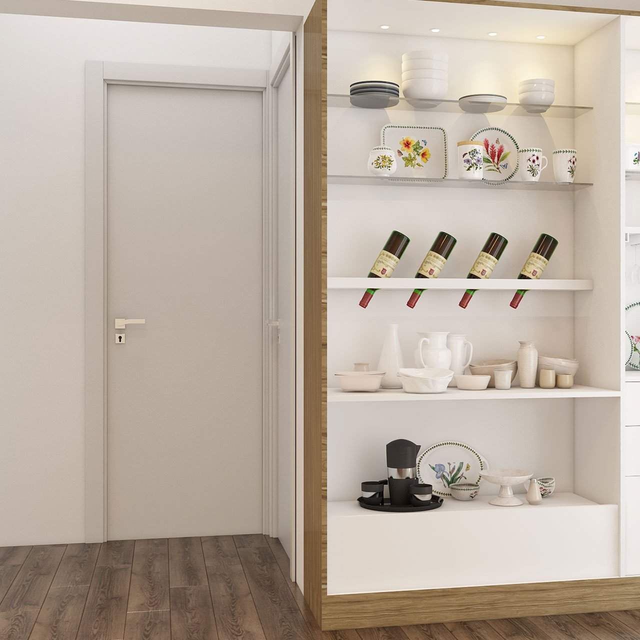 Farmhouse interior design with open shelves and cabinets