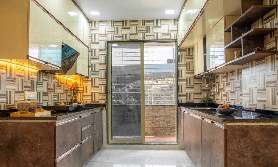 Matte brown and glossy cream parallel kitchen in 2BHK interior design, navi mumbai