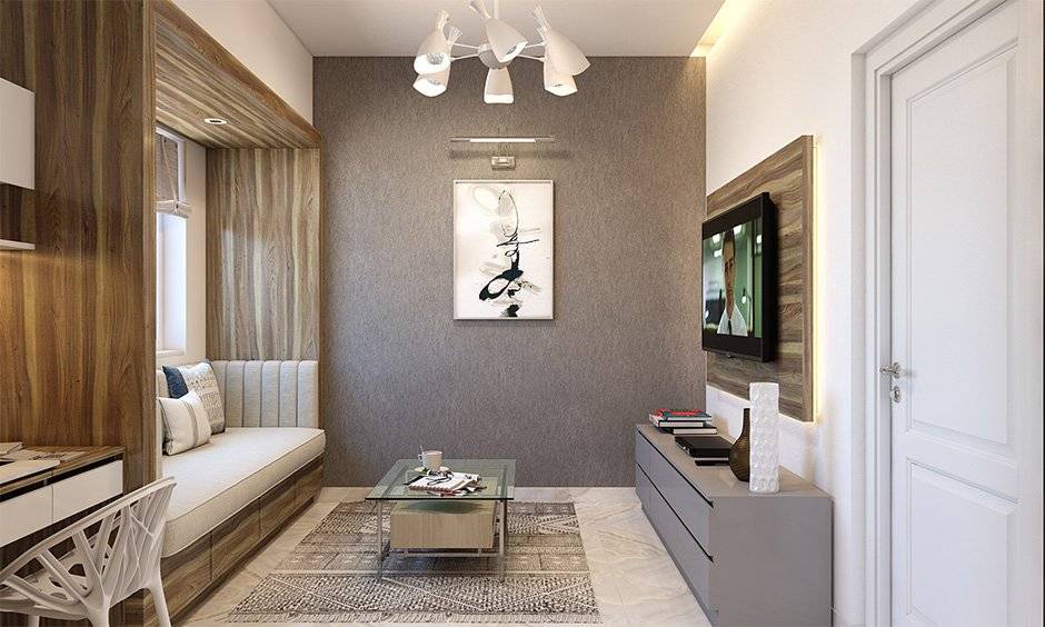 A rectangular living room layout with a wall-mounted tv unit and a window bay sofa unit