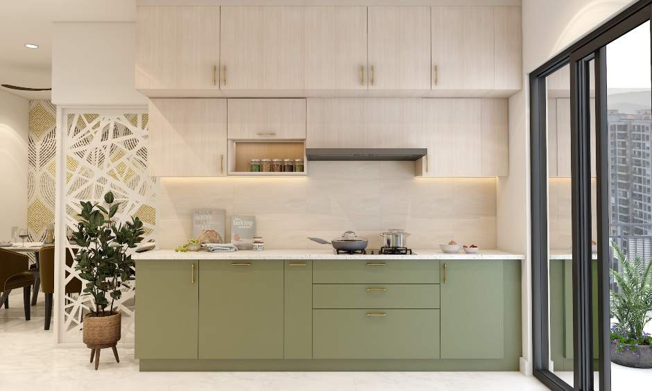 Parallel kitchen has sage green cabinets with a potted plant.