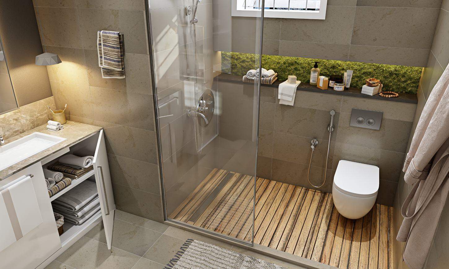 Shower cubicle with wooden flooring glass partition in modern bathroom