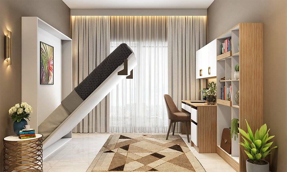 A simple 10 by 12 bedroom design with a murphy bed is an excellent option to free up your floor space