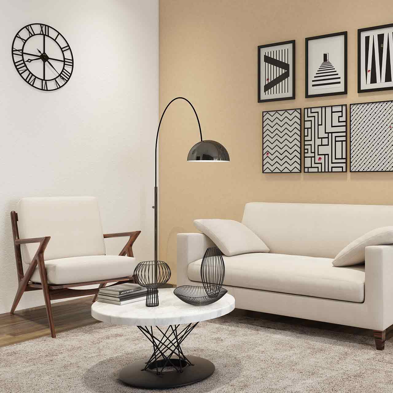 Simple style living room interior design with a unique and colourful designed coffee table.