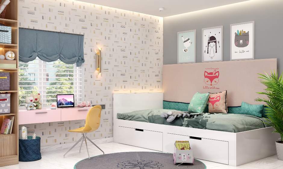 A single white bed with a pink animal-themed headboard and pull-out storage drawers underneath