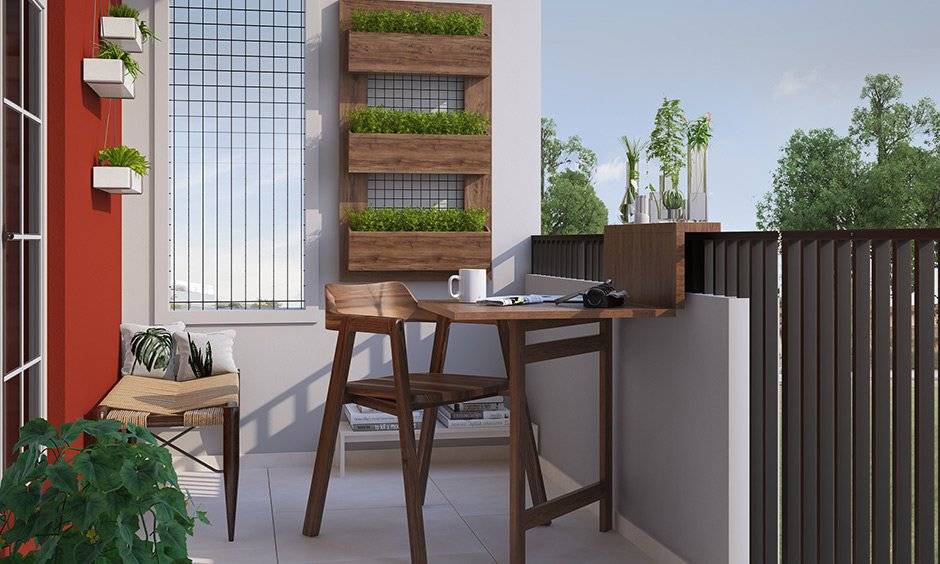 Small balcony design having a incorporate foldable furniture that can be tucked away