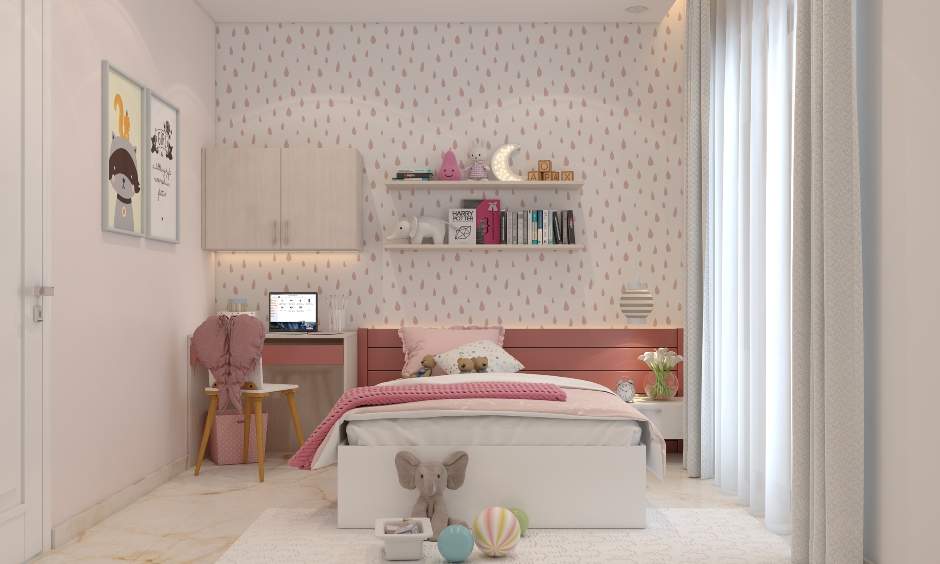 Small kids bedroom with study unit comprises a desk with two drawers next to the bed