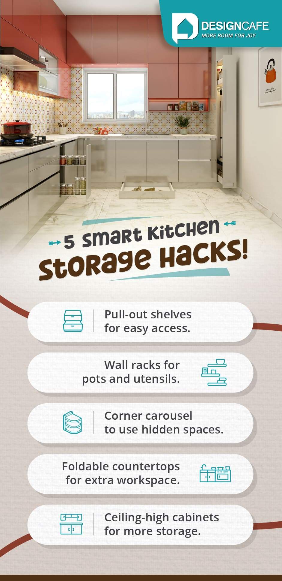 Efficient kitchen storage solutions with space-saving organizers and smart cabinetry.