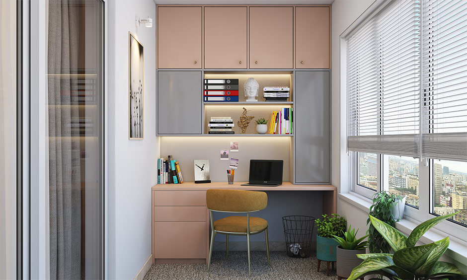 Home office interior with layered soundproofing materials and sealed gaps for effective noise control.