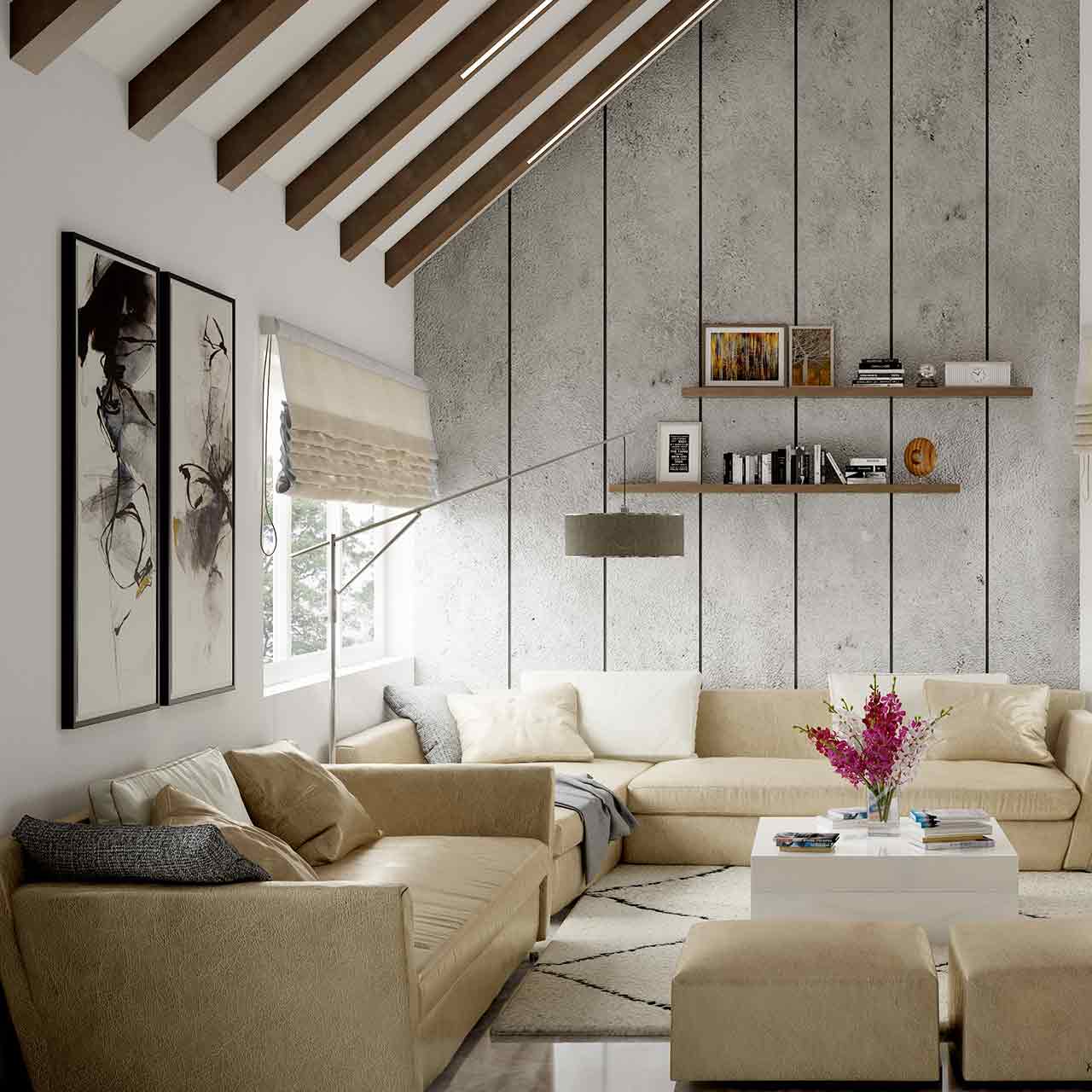 Southwestern style living room interiors with a full height panel windows covered with patterned curtains