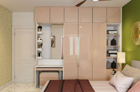 Space-saving dressing table design in a small bedroom with mirror and organised storage solutions.