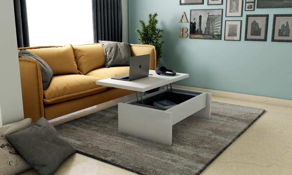 Multi-functional coffee table in a space-saving home office with lift-top workstation and storage.
