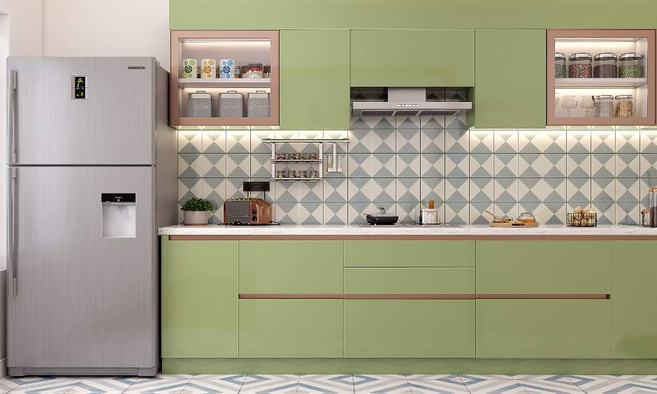 Straight modular kitchen with diamond-tiled backsplash