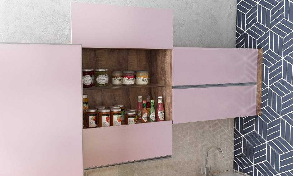 Pink straight modular kitchen interior design with pegasus-unit for storage