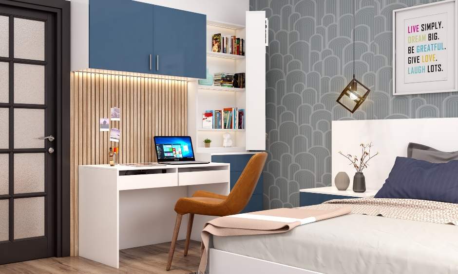 Study unit extends into a bookshelf with concealed compartments