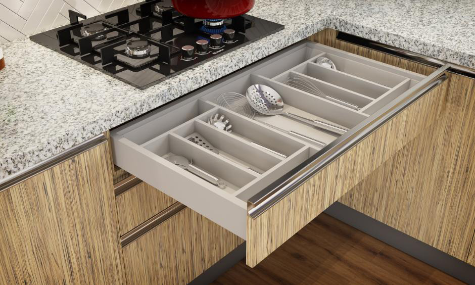 Kitchen tandem box with organised compartments, soft-close slides, and full-depth storage design.