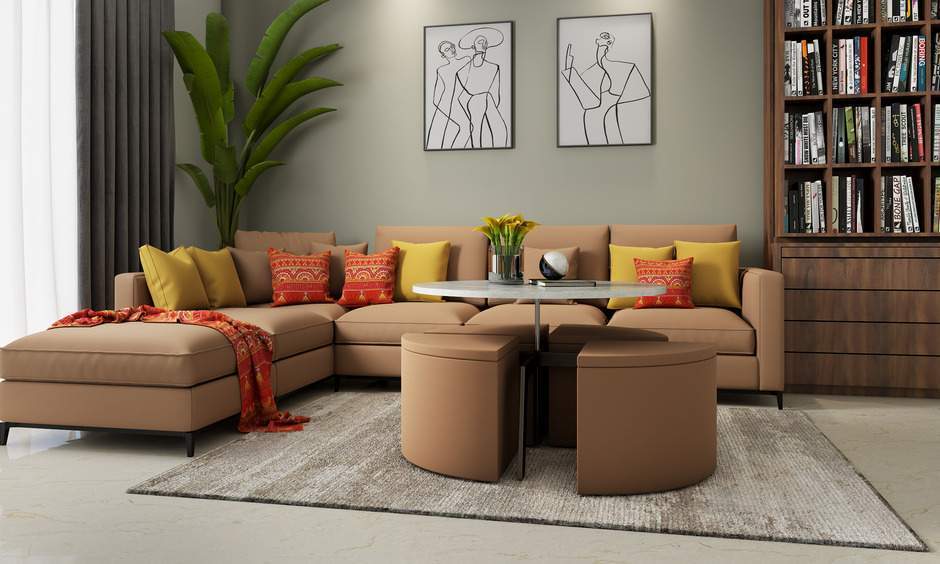 Peaceful living room with warm tones and a sleek foldable table