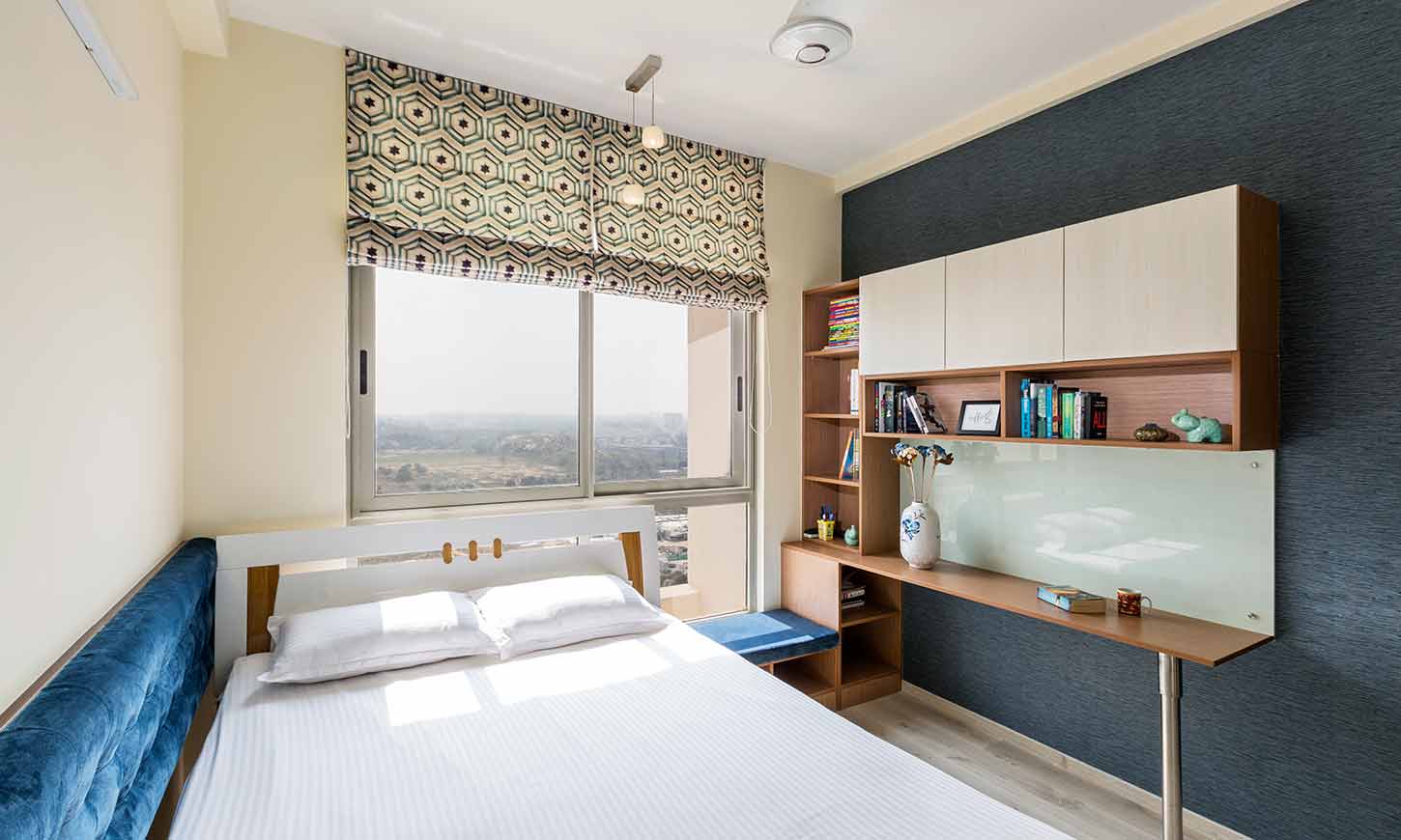 White and royal blue kids rooom designed by ine of the top 10 interior designers in bangalore