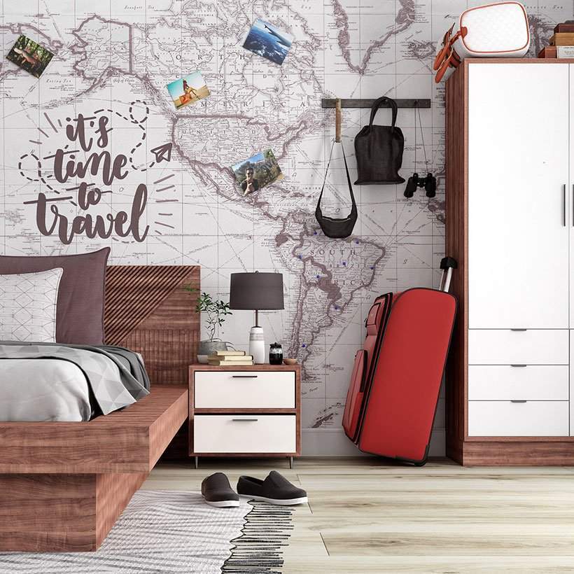 Travel inspired bedroom wall design with your travel memories to make an awesome travel inspired bedroom wall