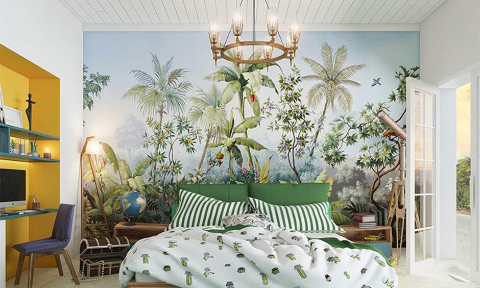 2025 trending wallpaper for bedroom showcases tropical jungles and abstract designs for a modern, nature-inspired look