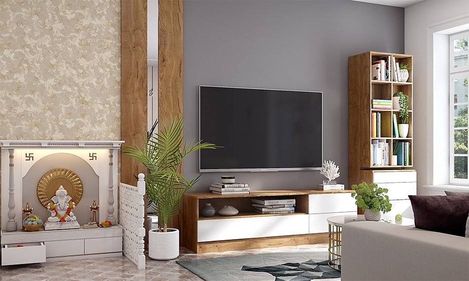 Tv unit with mandir designs