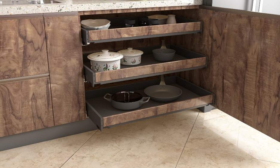 Urban modern kitchen designers design a straight kitchen with pull out trays