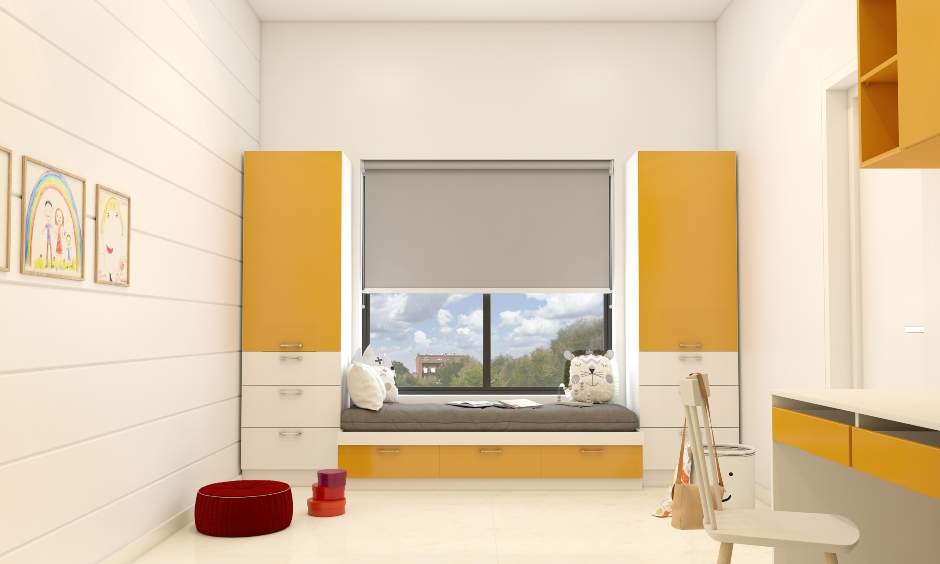 Kids' bedroom themed in white and yellow with window sit-out including drawers