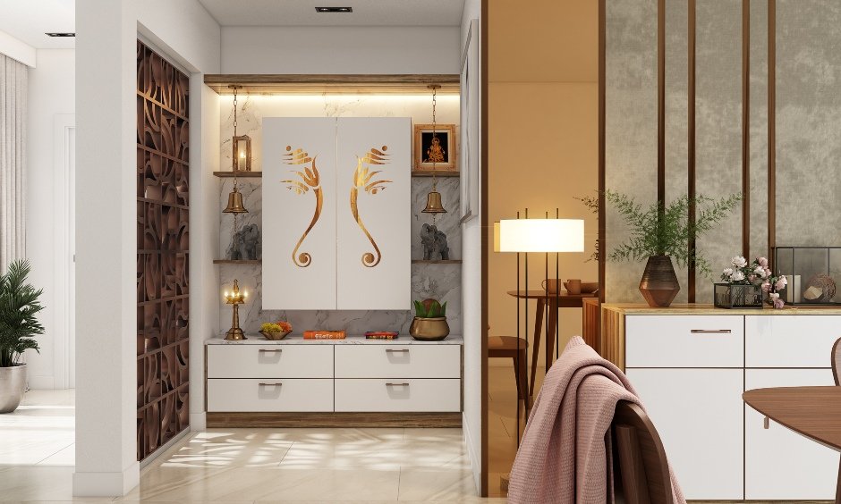 White finish pooja unit design with swing doors and drawers