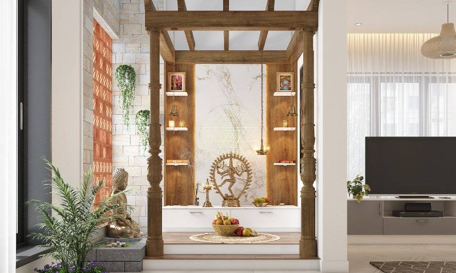 Wooden pooja mandir design marble backsplash with yantra printed in gold